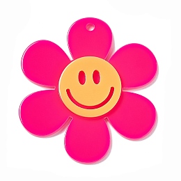 Honeyhandy Opaque Acrylic Big Pendants, Sunflower with Smiling Face Charm, Deep Pink, 55x50.5x5mm, Hole: 2.5mm