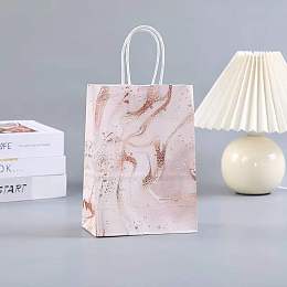 Honeyhandy Kraft Paper Bags, with Handle, Gift Bags, Shopping Bags, Rectangle with Marble Pattern, Pink, 15x8x21cm