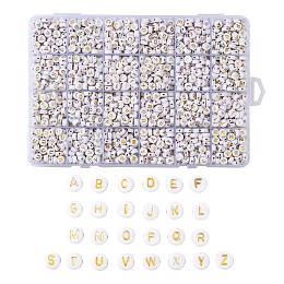 Honeyhandy Plating Acrylic Beads, Golden Metal Enlaced, Horizontal Hole, Flat Round with Alphabet, White, Letter A~Z, 7x3.5mm, Hole: 1.2mm, 26letters, about 73pcs/letter, 1898pcs/box