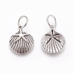 Honeyhandy Tibetan Style Alloy Pendants, Shell with Starfish/Sea Stars, Antique Silver, 21.5x18x2.5mm, Hole: 7mm