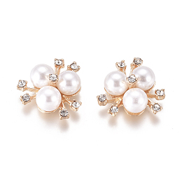 Honeyhandy Alloy Cabochons, with Crystal Rhinestone & Acrylic Imitation Pearl, Flower, Light Gold, White, 19~20x21~22x10mm