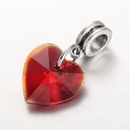 Honeyhandy Large Hole Alloy European Dangle Charms, with Electroplated Glass Heart Pendants, Antique Silver, Red, 25mm, Hole: 5mm