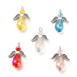 Honeyhandy Electroplate Glass Pendants, with Wing Alloy Beads and Iron Findings, Angel, Antique Silver & Platinum, Mixed Color, 27~29x20x9~10mm, Hole: 2.5mm