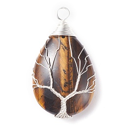 Honeyhandy Natural Tiger Eye Pendants, with Silver Tone Copper Wire Wrapped Tree, Teardrop, 46x26x12mm, Hole: 5mm