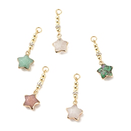 Honeyhandy Natural Gemstone Star Pendants, with Electroplate Non-magnetic Synthetic Hematite and Silver Tone Brass Crystal Rhinestone Findings, Golden, 36~38mm