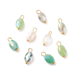 Honeyhandy Electroplate Glass Pendants, with Golden Plated Brass Loops, Faceted, Oval, Yellow Green, 13~14x6~6.5x4~4.5mm, Hole: 2~3mm