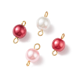 Honeyhandy Glass Imitation Pearl Connector Charms, with Golden Plated Double Iron Loops, Round, Red, 14x7.5mm, Hole: 1.8mm and 2.5mm