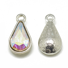 Honeyhandy Alloy Glass Pendants, Faceted, teardrop, Platinum, Clear AB, 18x10x5mm, Hole: 2mm