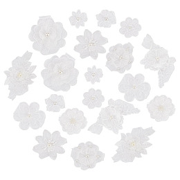 AHANDMAKER 20 Pcs 3D Flower Lace Embroidery Appliques, Floral Sew On Patches White Pearl Lace Patch Fabric for Clothes Repairing Decorating Wedding Bride Party Dress Accessory DIY Crafts