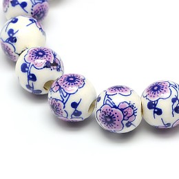 Honeyhandy Handmade Flower Printed Porcelain Ceramic Beads Strands, Round, Plum, 10mm, Hole: 2mm, about 35pcs/strand, 13.5 inch