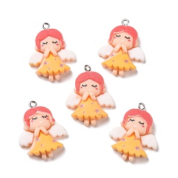 Honeyhandy Opaque Resin Pendants, with Platinum Tone Iron Loops, Fairy with Wing, Orange, 30.5x23.5x6.5mm, Hole: 2mm