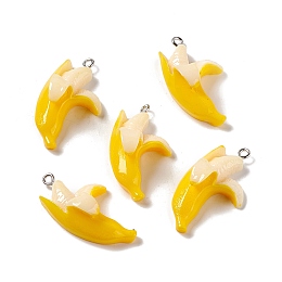 Honeyhandy Opaque Resin Pendants, Imitation Food, with Platinum Tone Iron Loops, Banana, Gold, 35x19x12mm, Hole: 2mm