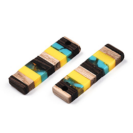 Honeyhandy Translucent Resin & Walnut Wood Pendants, with Gold Foil, Rectangle Charm, Yellow, 29.5x8.5x3.5mm, Hole: 2mm