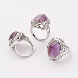 Honeyhandy Natural Amethyst Finger Rings, with Brass Ring Finding, Platinum, Oval, Size 8, 18mm