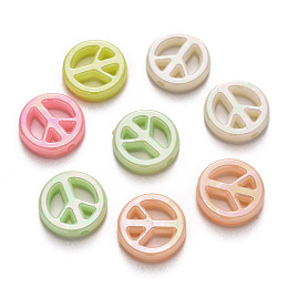 Honeyhandy Opaque Acrylic Beads, AB Color Plated, Flat Round, Peace Sign, Mixed Color, 16x3.5mm, Hole: 2mm, about 1080pcs/500g