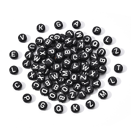 Honeyhandy Craft Black Acrylic Beads, Flat Round with White Letter, 6~7x3.5~4mm, Hole: 2mm, about 100pcs/bag