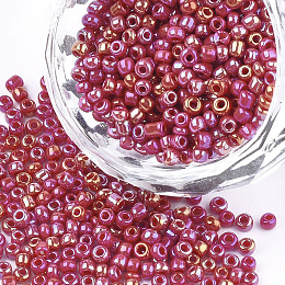 Honeyhandy Opaque Glass Seed Beads, Rainbow Plated, Round, Cerise, 4mm, Hole: 1.5mm, about 4500pcs/bag