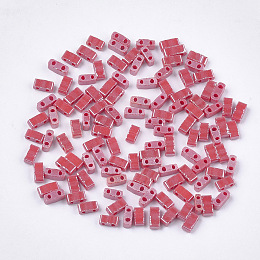 Honeyhandy 2-Hole Opaque Glass Seed Beads, Lustered, Rectangle, Indian Red, 4.5~5.5x2x2~2.5mm, Hole: 0.5~0.8mm