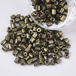 Honeyhandy 6/0 Two Cut Glass Seed Beads, Hexagon, Metallic Colours, Dark Khaki, 3.5~5x3.5~4mm, Hole: 1mm, about 4500pcs/bag