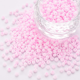 Honeyhandy 8/0 Opaque Glass Seed Beads, Round Hole, Frosted Colours, Round, Pearl Pink, 3~4x2~3mm, Hole: 0.8mm, about 15000pcs/Pound