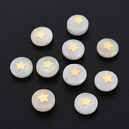 Honeyhandy Natural Freshwater Shell Beads, with Golden Plated Brass Metal Embellishments, Flat Round with Star, Seashell Color, 8x4.5mm, Hole: 0.6mm