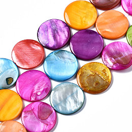 Honeyhandy Natural Freshwater Shell Beads Strands, Dyed, Flat Round, Mixed Color, 25x25x3mm, Hole: 1mm, about 16pcs/strand, 15.20~15.55 inch(38.6~39.5cm)