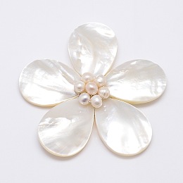 Honeyhandy Natural White Shell Mother of Pearl Shell Flower Big Pendants, with Platinum Plated Brass Findings and Pearl Beads, Floral White, 43x46x14mm, Hole: 4x7mm