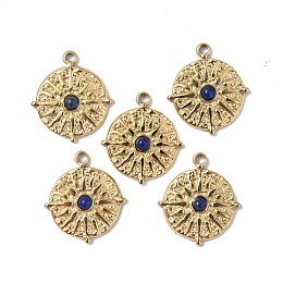 Honeyhandy Natural Lapis Lazuli Pendants, Flat Round Charms, with Vacuum Plating Real 18K Gold Plated 201 Stainless Steel Findings, 22x19.5x3.5mm, Hole: 1.8mm