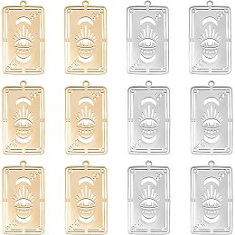 DICOSMETIC 12Pcs 2 Colors Stainless Steel Evil Eye Tarot Card Charm Rectangle with Eye/Moon/Star Eye Pendant Good Luck Amulet Jewelry for DIY Bracelet Necklace Jewelry Making