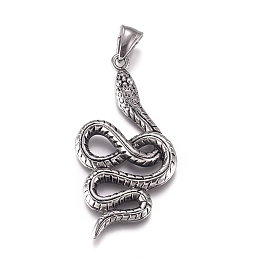 Honeyhandy Fashionable Retro Halloween Jewelry 304 Stainless Steel Snake Pendants, Antique Silver, 51x26x4mm, Hole: 4x8mm