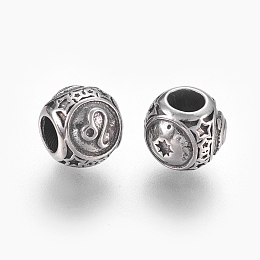 Honeyhandy 316 Surgical Stainless Steel European Beads, Large Hole Beads, Rondelle, Leo, Antique Silver, 10x9mm, Hole: 4mm