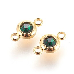 Honeyhandy 304 Stainless Steel Rhinestone Links connectors, Flat Round, Golden, Emerald, 12x6.5x4mm, Hole: 2mm