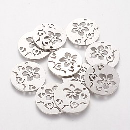 Honeyhandy 201 Stainless Steel Pendants, Flat Round with Flower, Stainless Steel Color, 20x1.1mm, Hole: 1.5mm