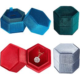 NBEADS 4 Pcs 4 Colors Velvet Ring Box, Hexagon Ring Gift Box Necklace Earring Jewelry Case with Single Slot and Detachable Lid for Wedding Engagement Birthday and Anniversary