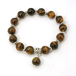 Honeyhandy Fashion Gemstone Beaded Bracelets, Stretch Bracelets, with Antique Silver Alloy Beads, Tiger Eye, 55mm