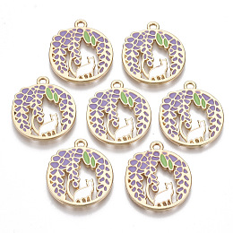 Honeyhandy Alloy Pendants, with Enamel, Flat Round with Leaf and Cat Shape, Golden, Medium Purple, 25x22x1.5mm, Hole: 2mm