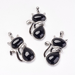 Honeyhandy Natural Black Agate Kitten Pendants, with Brass Findings, Cat Silhouette Shape, Dyed & Heated, Platinum, 44x26.5x7.5mm, Hole: 4x6mm