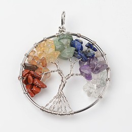 Honeyhandy Tree of Life Mixed Stone Big Pendants, with Brass Findings, Platinum, 63~65x49~51x8~10mm, Hole: 8~10mm