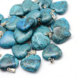 Honeyhandy Dyed Heart Natural Gemstone Pendants, with Platinum Tone Brass Findings, 20~22x20~21x5~8mm, Hole: 2x7mm