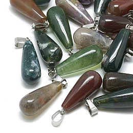 Honeyhandy Natural Indian Agate Pendants, with Stainless Steel Snap On Bails, teardrop, 28~30x10~12mm, Hole: 6x4mm