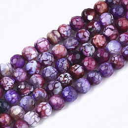 Honeyhandy Natural Crackle Agate Beads Strands, Dyed, Faceted, Round, Purple, 6mm, Hole: 1mm, about 63pcs/strand, 14.5 inch