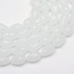 Honeyhandy teardrop, Faceted Glass Beads Strands, Imitation Jade, White, 11~12x8mm, Hole: 1.5mm, about 56~59pcs/strand, 27 inch