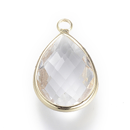 Honeyhandy Glass Pendants, with Brass Findings, Faceted, teardrop, Light Gold, Clear, 14x7.5x4mm, Hole: 1.8~2.3mm