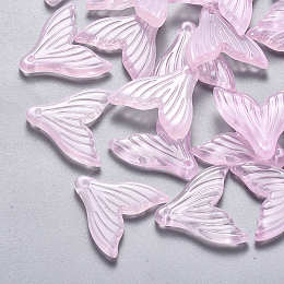 Honeyhandy Transparent Spray Painted Glass Pendants, with Glitter Powder, Fishtail Shape, Pearl Pink, 19x19.5x3.5mm, Hole: 1.2mm