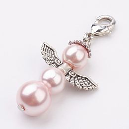 Honeyhandy Alloy Pendants, with Brass Lobster Claw Clasps and Glass Pearl, Angel, Antique Silver, Pink, 47mm