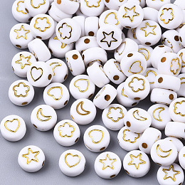 Honeyhandy Opaque Acrylic Beads, Flat Round with Mixed Patterns, Golden Plated, White, 7x4mm, Hole: 1.6mm