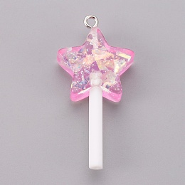 Honeyhandy Resin Pendants, Imitation Lollipop, Star, Hot Pink, 41x20x7mm, Hole: 1.8mm