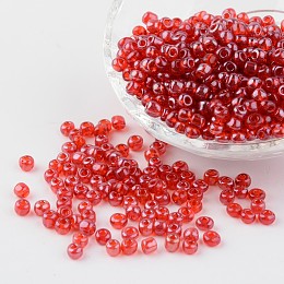 Honeyhandy Round Glass Seed Beads, Trans. Colours Lustered, Red, Size: about 4mm in diameter, hole: 1.5mm, about 496pcs/50g