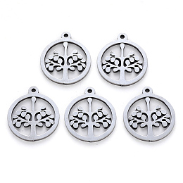 Honeyhandy 304 Stainless Steel Pendants, Laser Cut, Round Ring with Tree, Stainless Steel Color, 17x15x1mm, Hole: 1.2mm