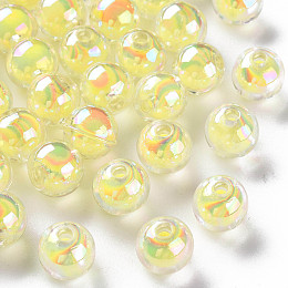 Honeyhandy Transparent Acrylic Beads, Bead in Bead, AB Color, Round, Yellow, 9.5x9mm, Hole: 2mm